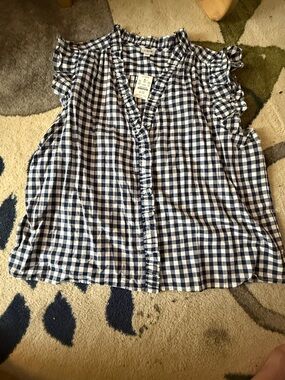 J. Crew Navy and White Gingham Ruffle Sleeve Blouse